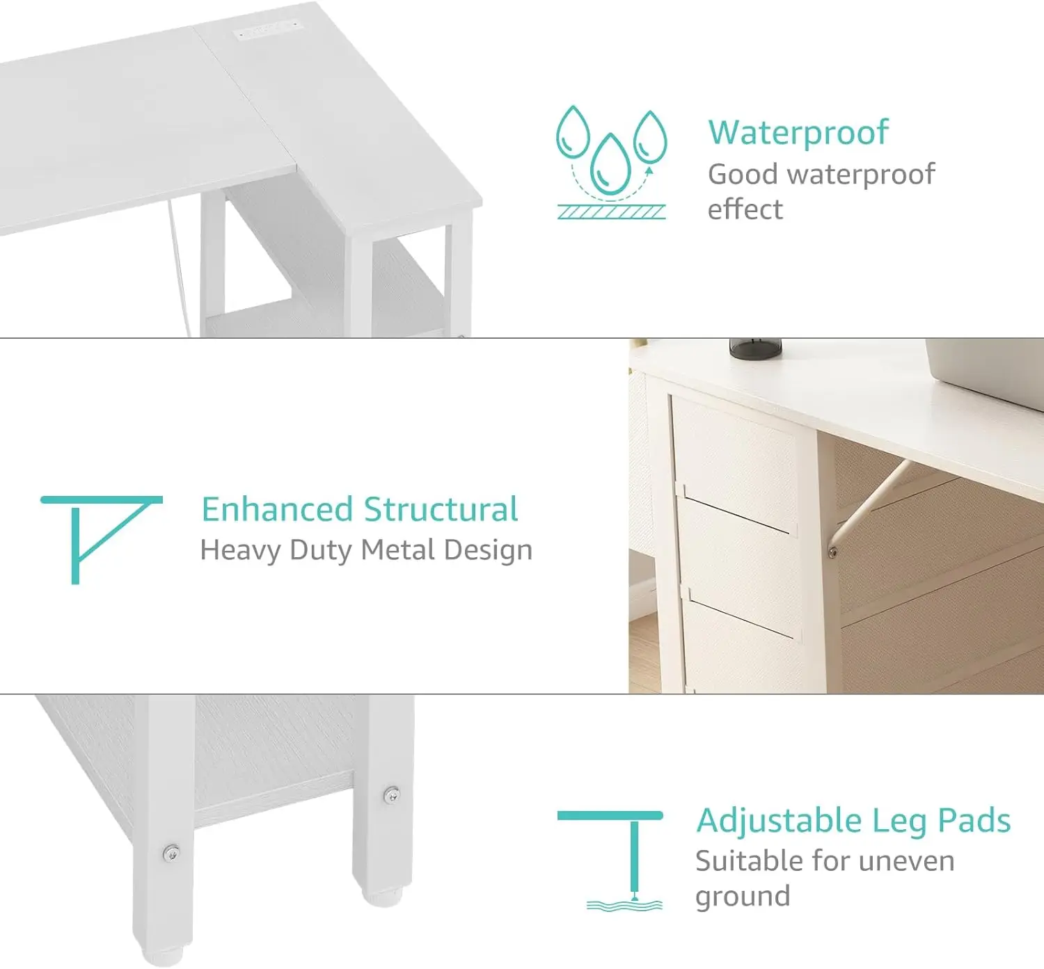 Home Office Power Outlet L Shaped Computer Corner PC Desk with Fabric Drawer