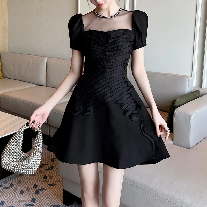 ZYHT 9876 New Luxury Style Ruched Short Clothes Elegant Women Black Short Sleeve Dress a Line Dresses