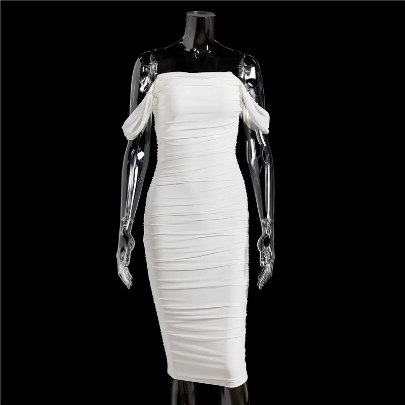 
2021New Arrival High Quality Women off shoulder summer white solid color mesh prom evening dresses for ladies 