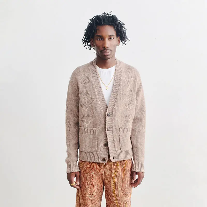 High quality v neck cardigan sweater college double pockets knitted cardigan sweater fashion loose knit cardigan sweater