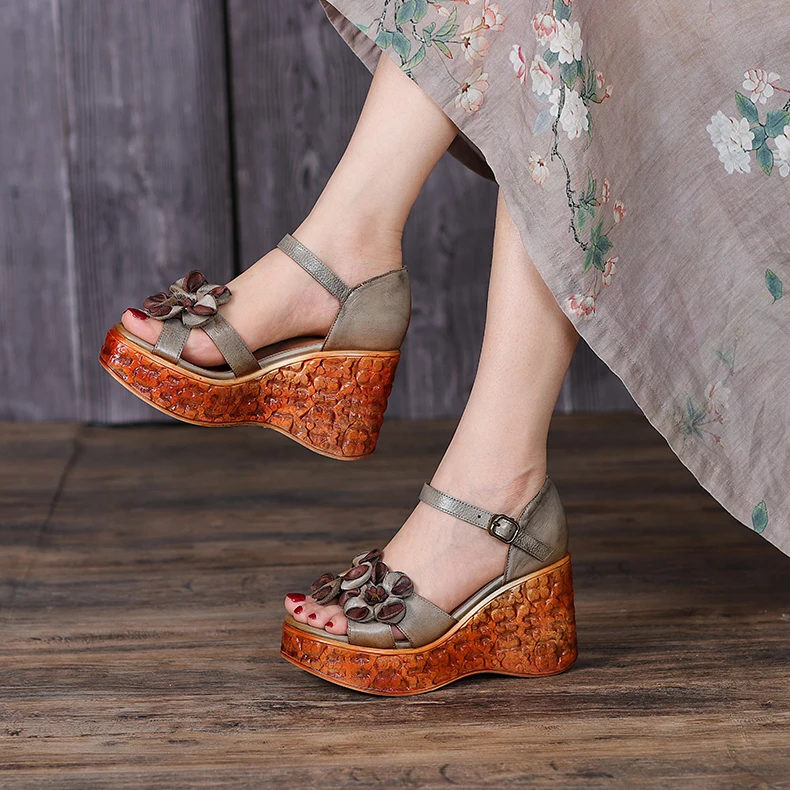 Genuine Leather Sandals Handmade Flowers Summer Shoes Woman Wedges High Heel Shoes Retro Ethnic Height Increasing Ladies Shoes