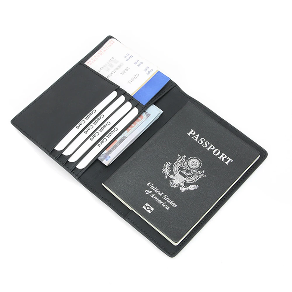 Black Genuine Leather and Microfiber RFID Protection Passport Holder Wallets for Visa Card, Tickets Smooth and Multifunctional