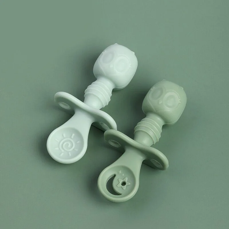 Silicone Baby Owl Training Fork and Spoon Set with Short Handle Kids Dining Fork and Spoon for Learning to Eat