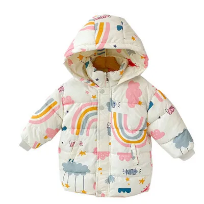 2024 New Girls Long Sleeve Rainbow Down Jacket Children Clothes Hooded Windbreaker Cotton Warm Outerwear Kids Winter Coat