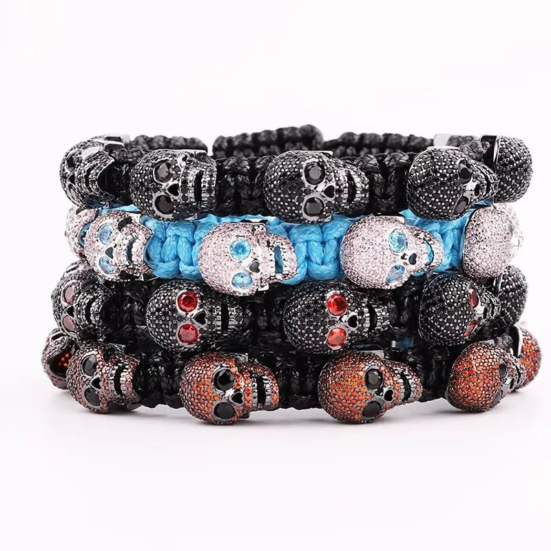 Fashion Luxury Jewelry Bracelet CZ Pave Brass Skull Charms Handmade Braided Adjustable Men Beaded Bracelets