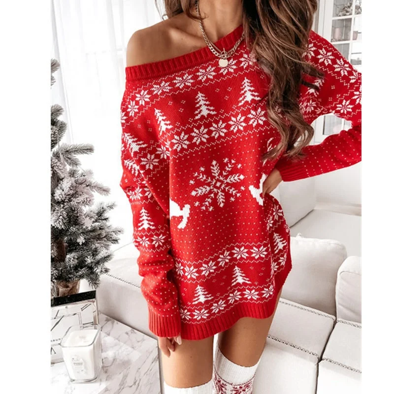 Autumn And Winter New Knitted Sweater European And American Women Christmas Jacquard Loose Knitted Long Sleeve Dress