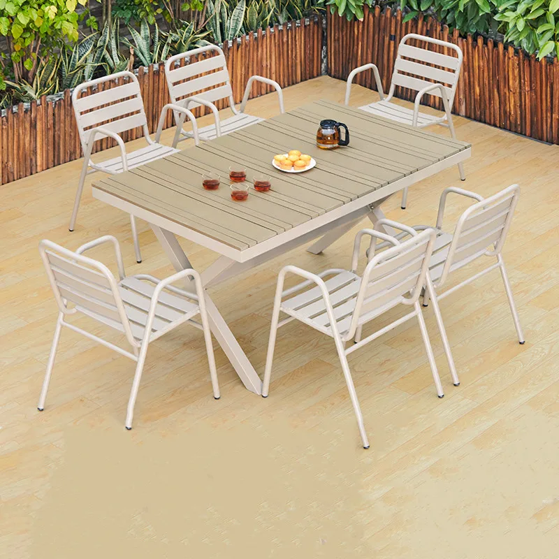 UPTOP Outdoor Home Furniture Cheap Aluminum Frame Dining Chair Patio Furniture Rectangular Plastic Wood Dining Table Set