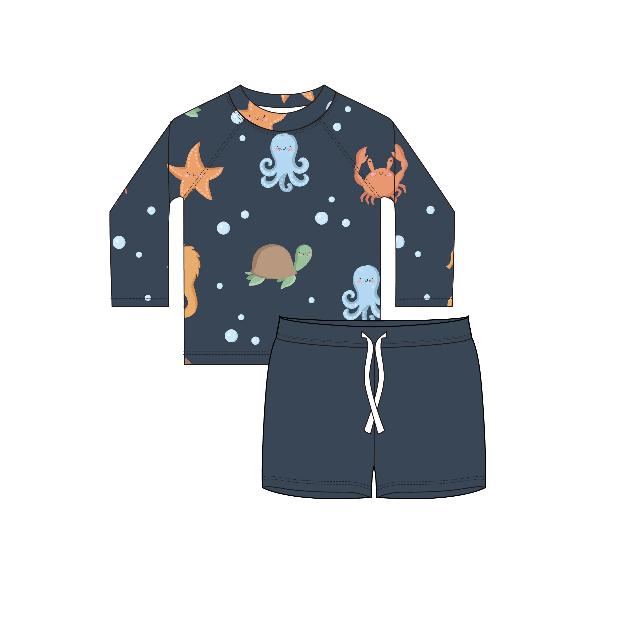 Summer Long Sleeve 2 PCS Cartoon Print Toddler Baby Children Kids Customized Swimwear Boys