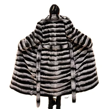 2024 women winter fashionable real rex rabbit fur long coat with belt bigger size trench fur coat chinchilla color