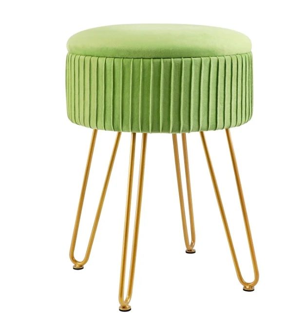 Circular velvet footrest ottoman for makeup vanity, velvet dressing table stool, pouf couch seat with golden legs