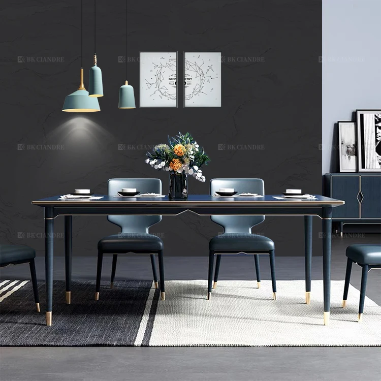 Scandinavian Dark Blue Marble Solid Wood Dining Tables Rectangle Sets and