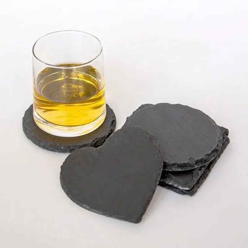 Factory Wholesale Hot Selling 4 inches Blank Black Slate Coasters Round Square Heart Shaped Slate Coasters