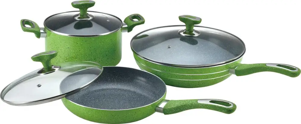 
9pcs Glass lid with silicon ring stone effect non-stick aluminum pan cookware set 