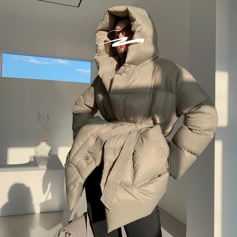 2022 New Solid Tie Belt Thick Loose Parkas Down Bubble Long Coat Puffer Jacket Winter Clothes For Women Female