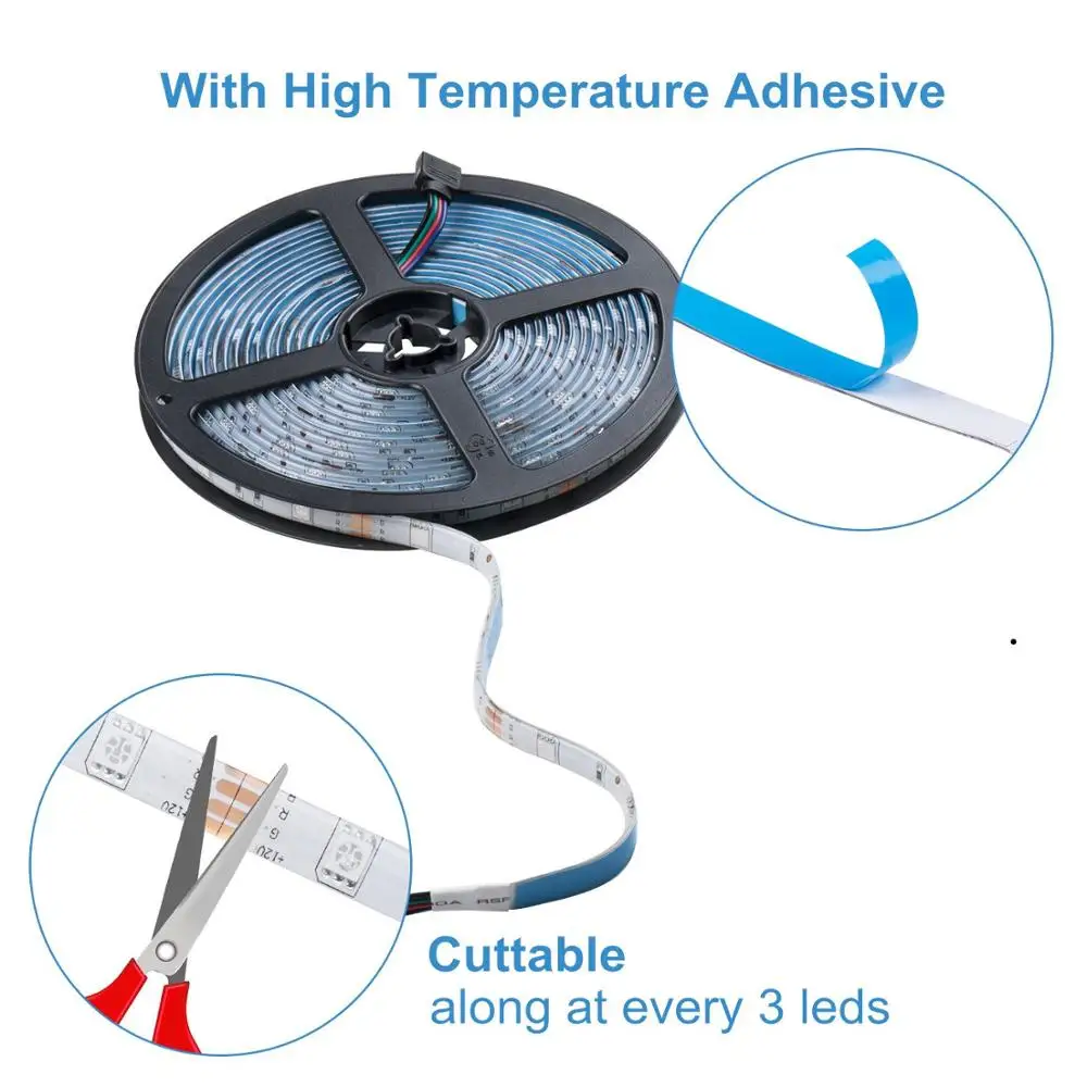 WiFi Wireless Smartphone Controlled Waterproof RGB Rope Lights Flexible 5050 Light Strip 32.8ft 300LEDs DC12V UL Power Adapter