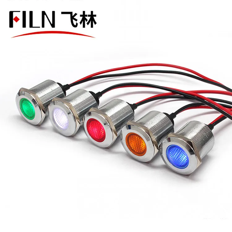 FILN 22mm 220v 24v 12v indicator metal waterproof flat head with wire led emergency lamp yellow red