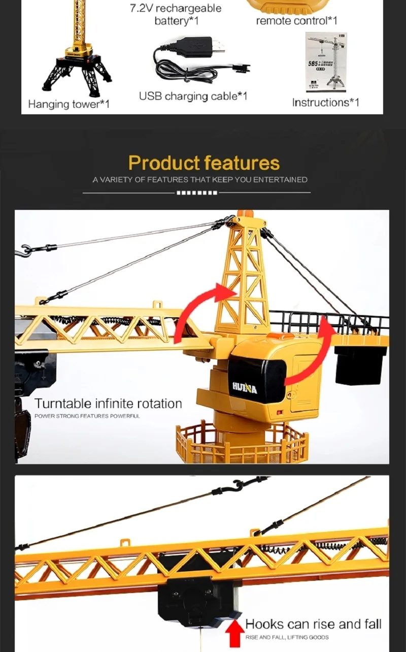 Huina 1585 1/14 Remote Control Tower Crane 12-Channels 2.4Ghz Rc Alloy Body Simulation Engineering Construction Truck Toy(3)