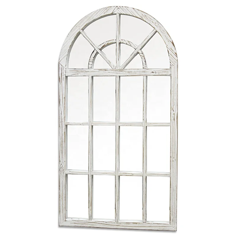 Luckywind Rustic Farmhouse Distressed White Wood Window Mirror, Vintage Decorative Arched Window Frame Wall Mounted Mirror