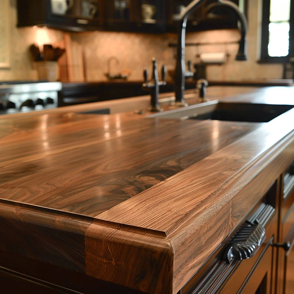Custom Made Kitchen Countertops Butcher Block Solid Wood South American Walnut flat edge