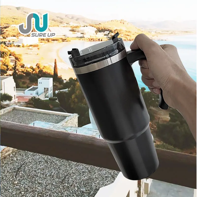 High Quality Powder Coated BPA Free Reusable Travel Coffee Mug Tumbler with Handle and Straw Lid Tumbler Car Cup Travel Cup