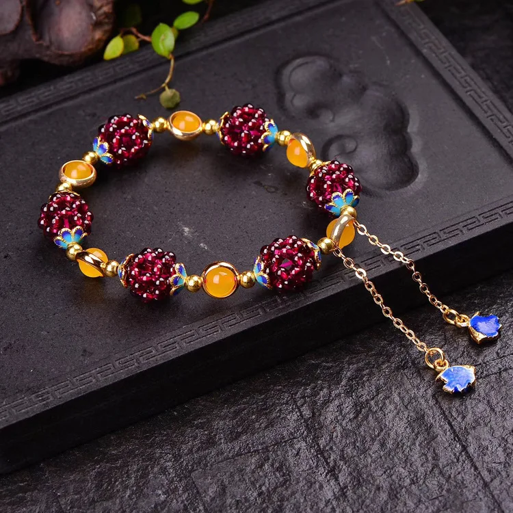 Fashion hot sale women Natural Garnet Flower ball bracelet tassel  Weave Crystal flower ball Bracelets