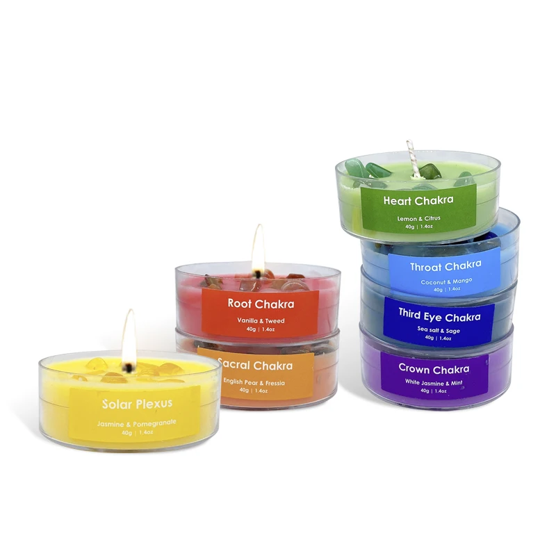 Wholesale Custom Energy Home Decor Aroma Yoga Meditation Chakra Gift Set 7 Pieces Soy Wax Crystal Scented Jar Candles for Diwali