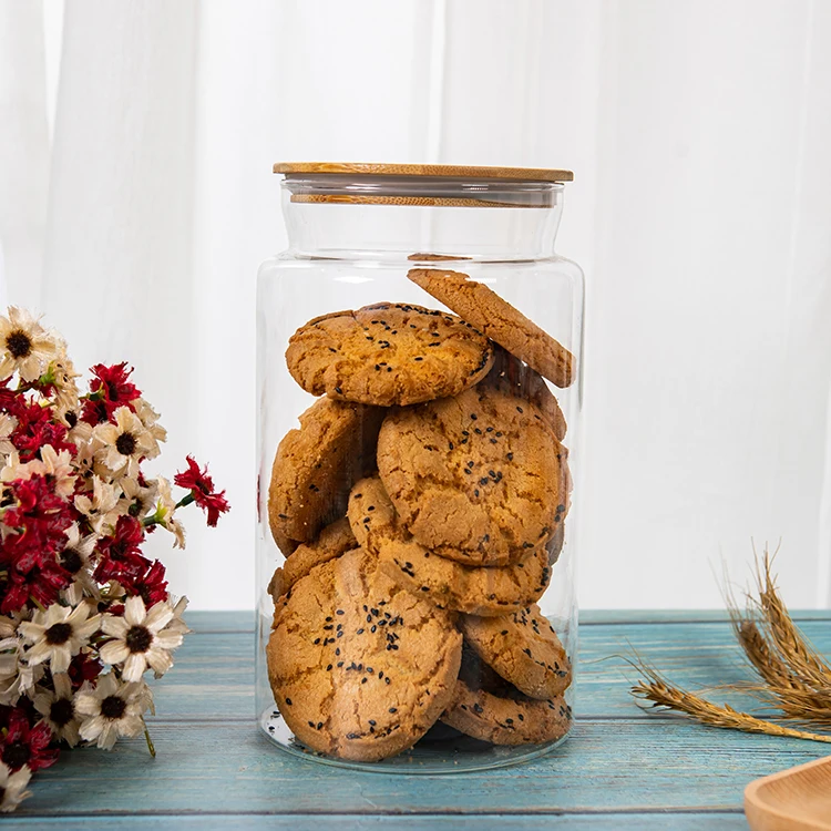 Storage Tank Circular Sealed Tank Factory Direct Sales Kitchen Food Glass Transparent with Bamboo and Wood Cover Cylinder Modern