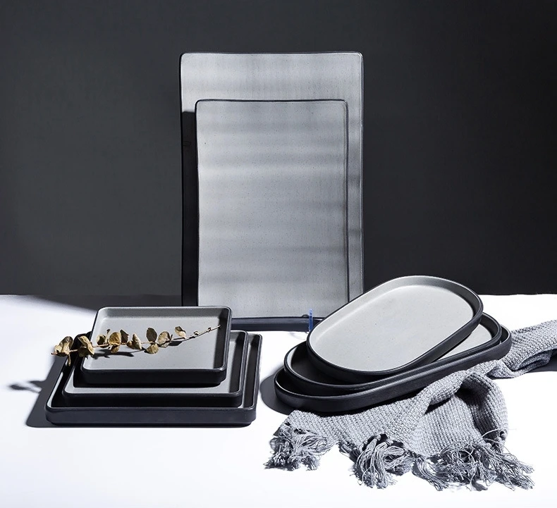 Custom Logo Rectangular Dinner Dishes Plates Barbecue Sushi Long Melamine Solid Black Grey Dinner Plates