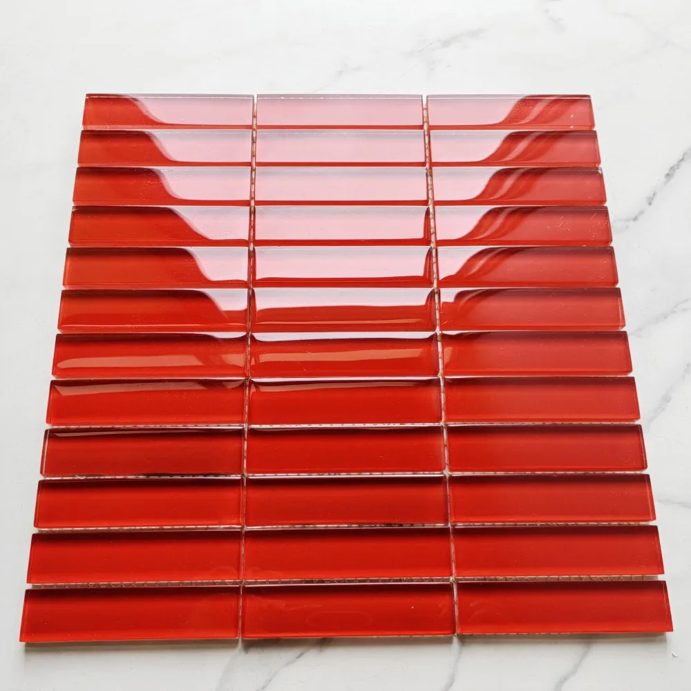 Top quality China red color Kitkat Strip shape crystal glass mosaic tile for backsplash kitchen wall