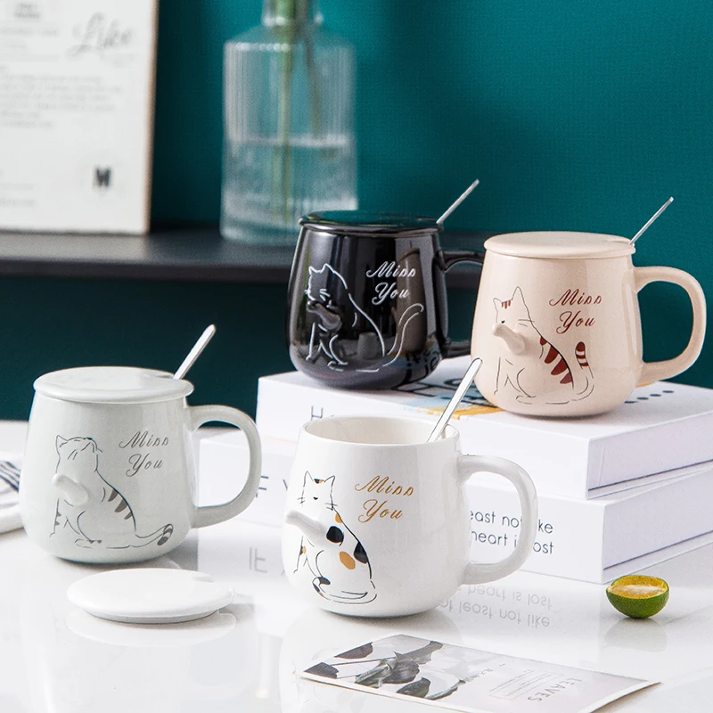 Feiyou wholesale Nordic style Cartoon 3D cute cat coffee mug porcelain mug cup ceramic cup Creative mugs Cup with lid spoon