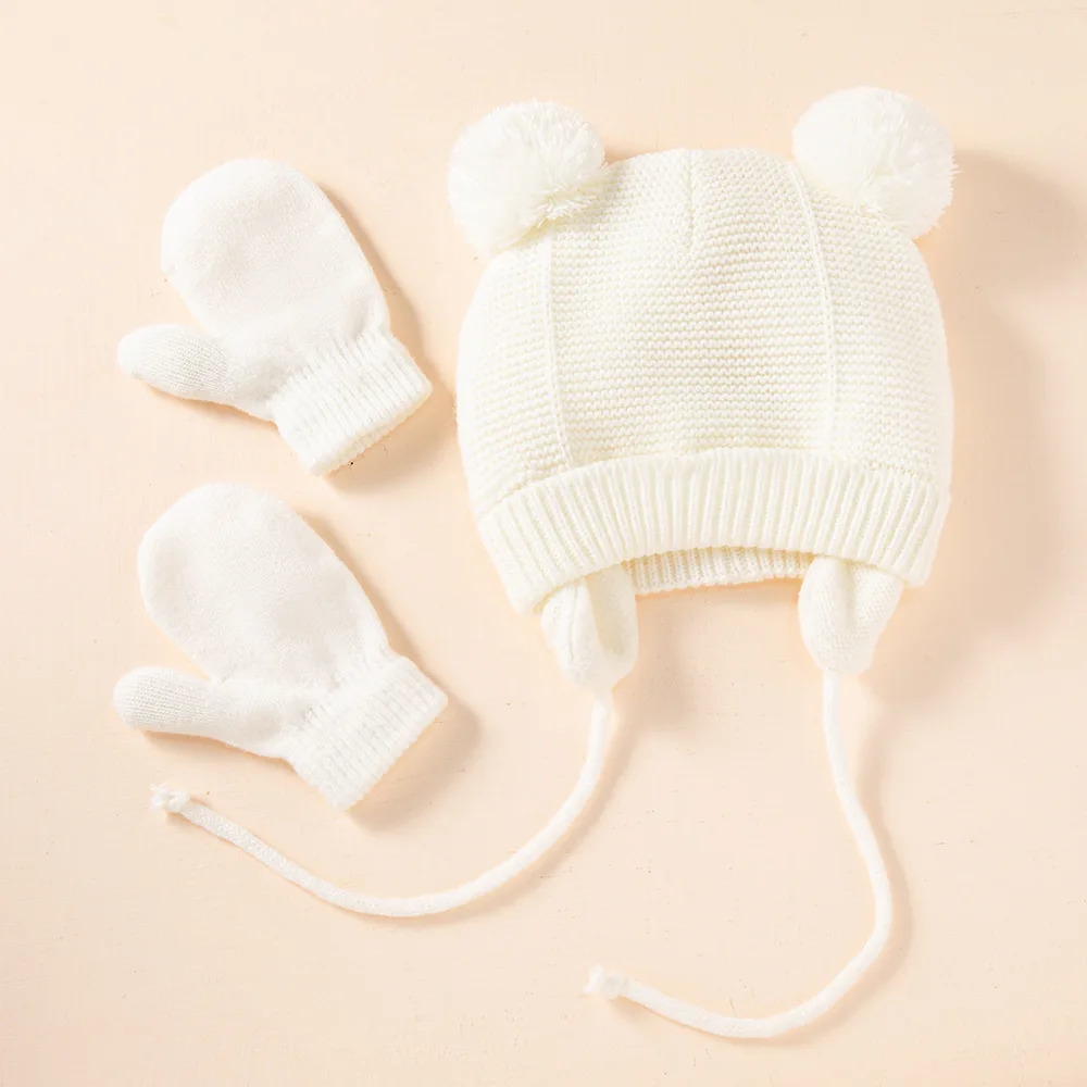 New arrival knitting bear shape baby hat and glove set 6 colors Winter Cap With Rope Lining Cute Boy Girl Warm Bear cap