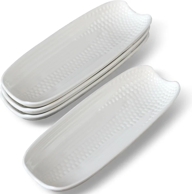 Ceramic Corn COB Holders White Porcelain Serving Tray Corn Dishes Set Non-Slip Bottom Microwave Dishwasher Oven Safe