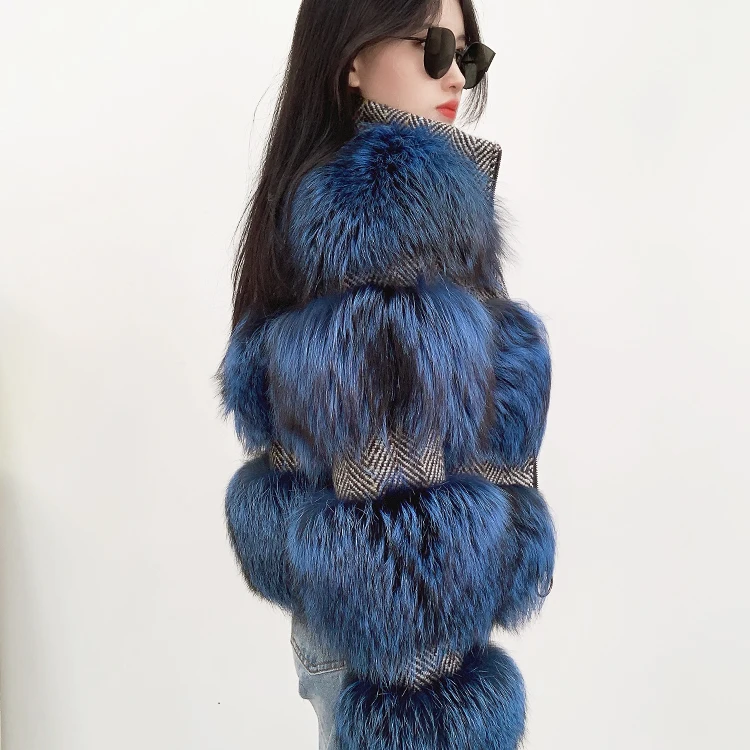 Fashion winter fluffy jacket luxury low price woman blue real fox fur coat