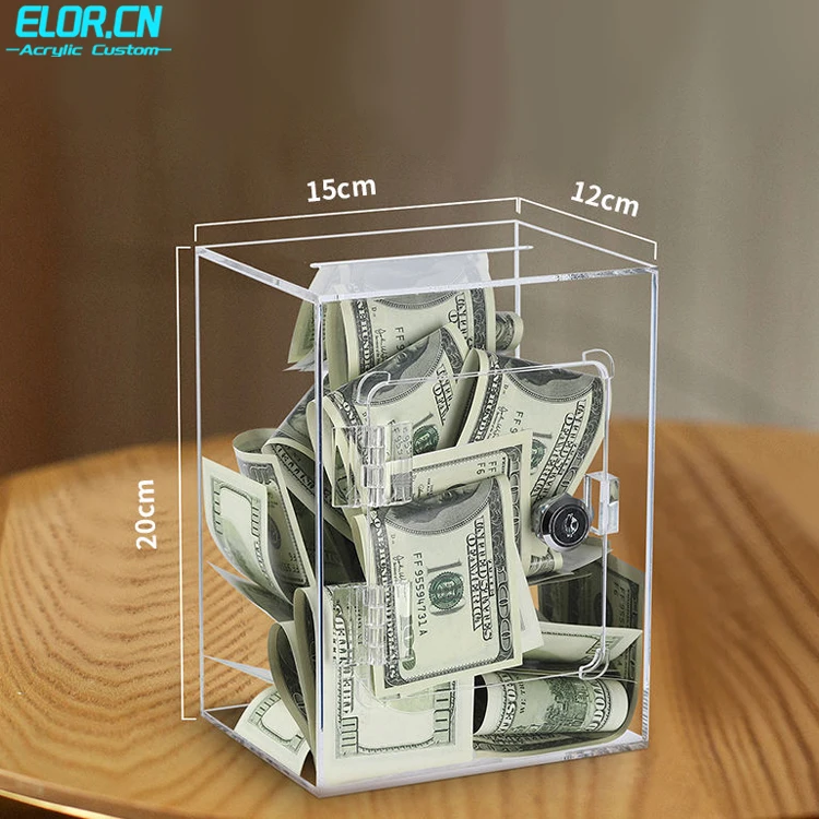 Elor Customized Transparent Acrylic Square Piggy Banks With Lock For Children Saving Money Collection Box For Adults