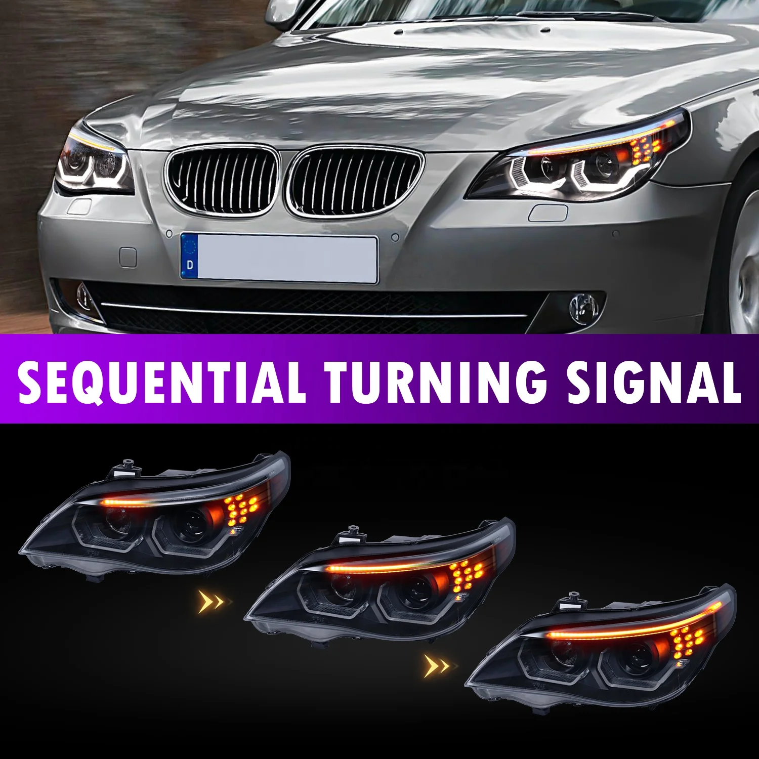 Archaic Led headlights For BMW E60 2003-2010 with DRL Dynamic Turn Signal Lamp Low Beam High Beam Angel Eye Projector Lens