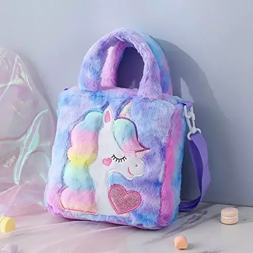 Girls Unicorn Bag Tote Shoulder Bag,colorful Animal Totes Children Plush Waist Purse Fashion Kids Cartoon Handbags Sling Fur