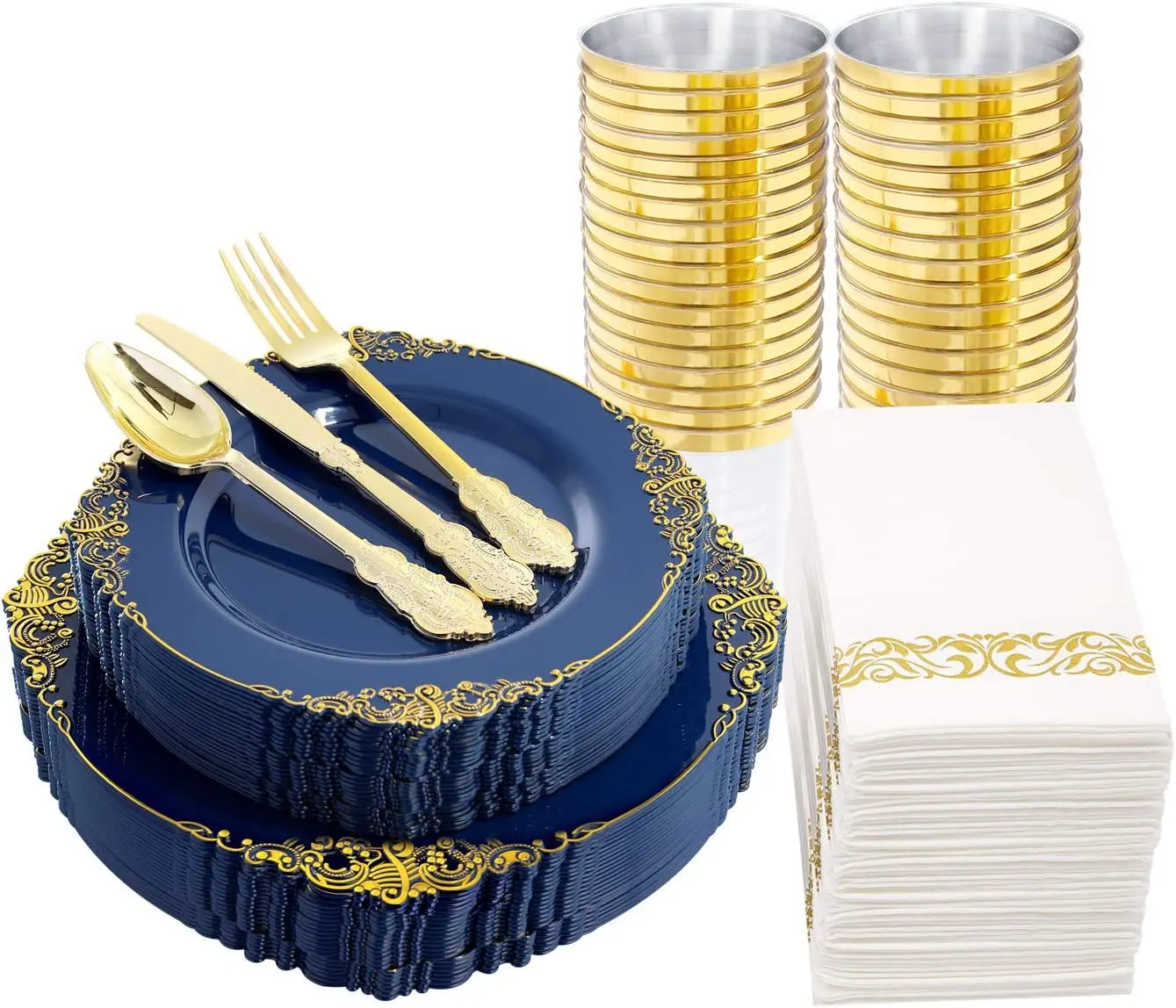New Arrival 175PCS Plastic Clear Gold Rim Charger Plates with Spoon Knife Fork and Napkin and 10oz Cups for Wedding Party