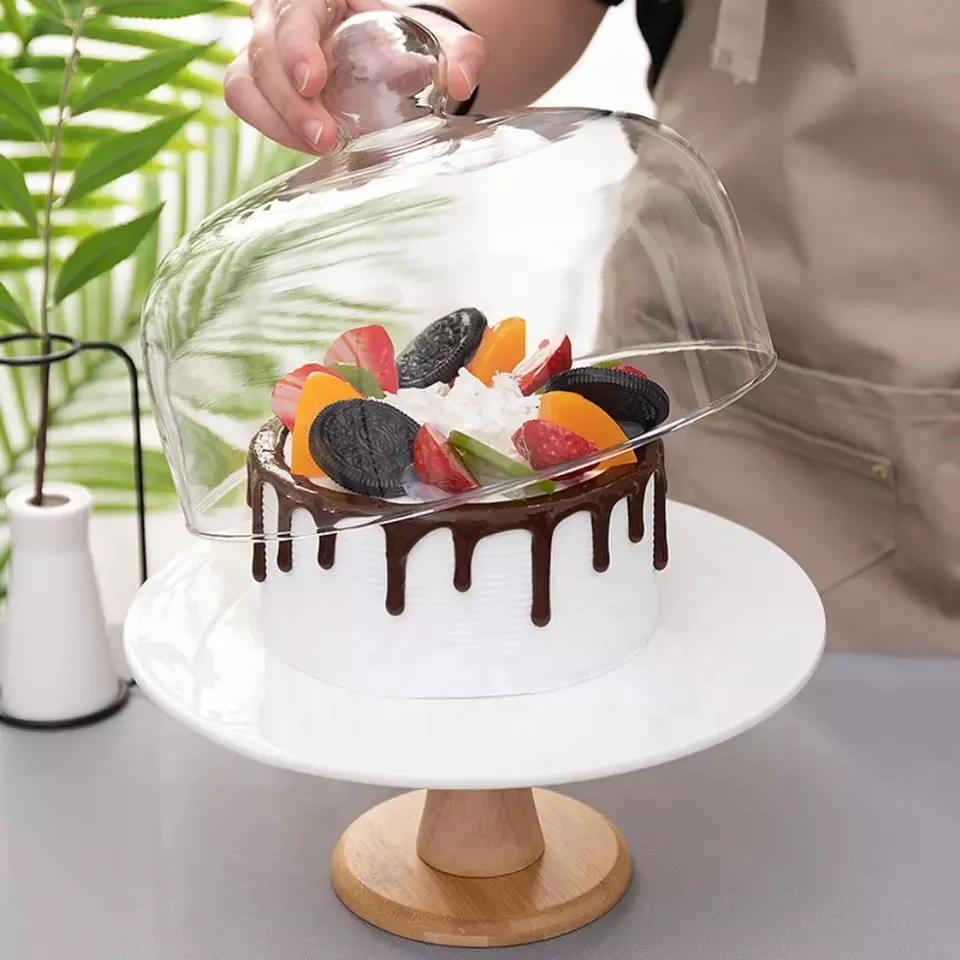 Home Hotel Store European Dustproof Display Glass Cover Cake Decorations ceramic Cake Stand With Glass Cover