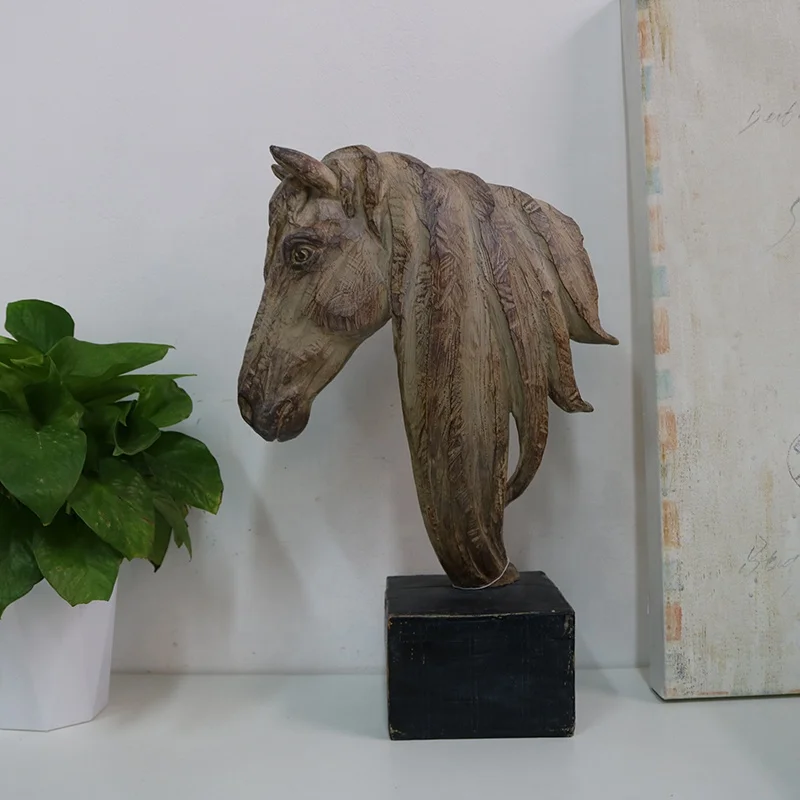 antique resin crafts home decor big size wooden horse head with base statue animal sculpture