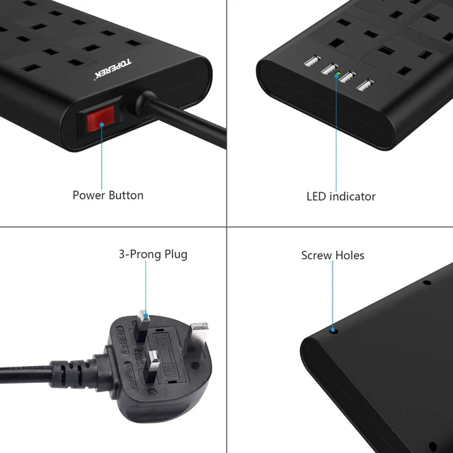 2022 BSCI Factory UK Flat Design Smart Plug Power Strip Extension Socket 13A Electronic Supplies