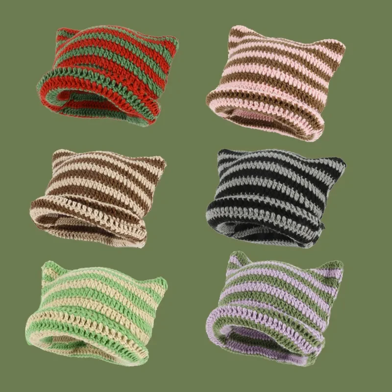 High Ins Little Devil Striped Knitted Wool Beanie Hat Cute Cat Ears Pointed Pullover Unisex Adults Casual Autumn Winter Adapted