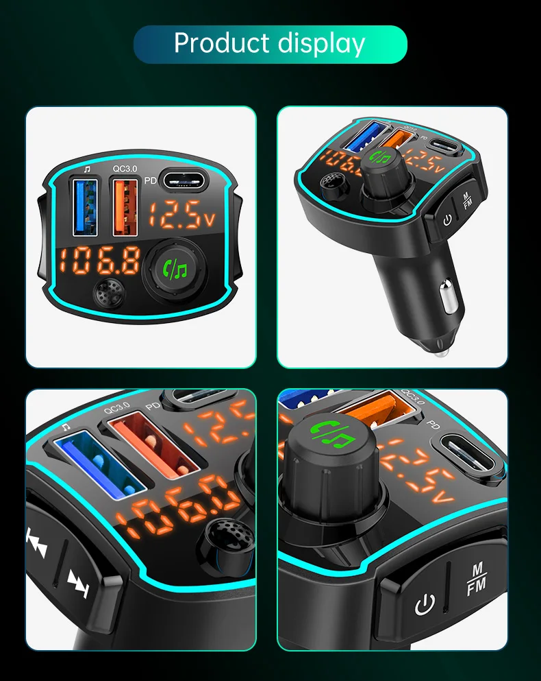  QC3.0 Type-C PD 18 Вт USB быстрое зарядное устройство для автомобилей светодиодный беспроводной fm-радио адаптер V5.0 Bluetooth fm-передатчик