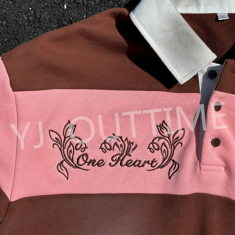 Custom Casual Turn-down Collar Long Sleeve Boxy Hoodie Embroidered DTG Striped Sweatshirt Preppy Style Polo Vintage T Shirt Men