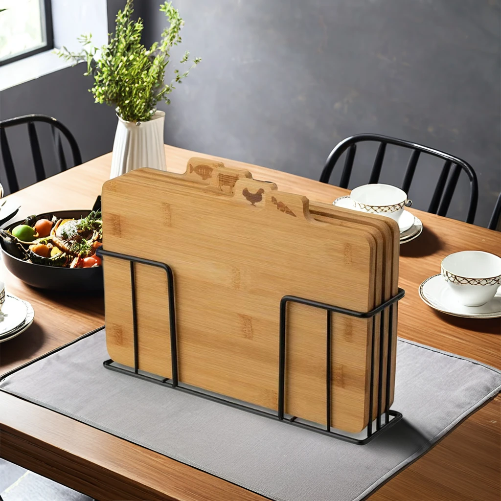 Set of 4 Bamboo Wooden Index Cutting Board Chopping Board  with Storage Metal Holder for Kitchen Bread Meat Vegetables Fish