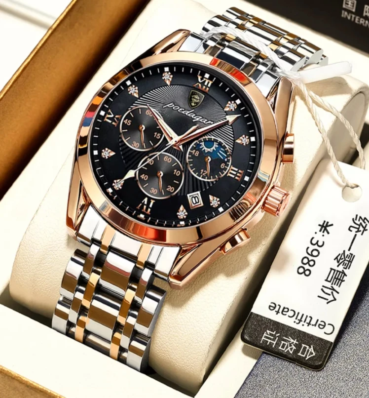 POEDAGAR Men Watches Luxury Minimalist Calendar Stainless Steel Waterproof Luminous Date Week Sport Wrist Watches Quartz Watches