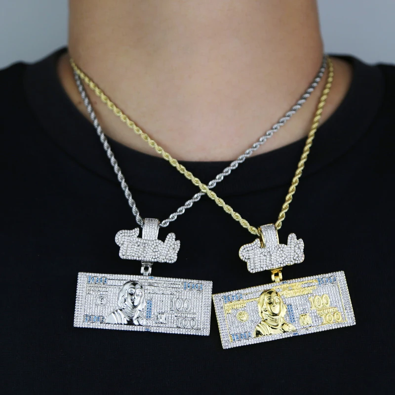 Time Is Money Dollar Pendant Necklace Iced Out Bling Cubic Zirconia Charm Men Women Fashion Hip Hop Jewelry