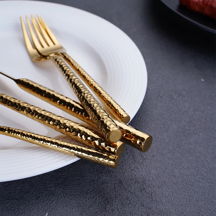 Heavy Silverware Wedding Stainless Steel 18/10 Titanium Plated Hammered Gold Cutlery Set