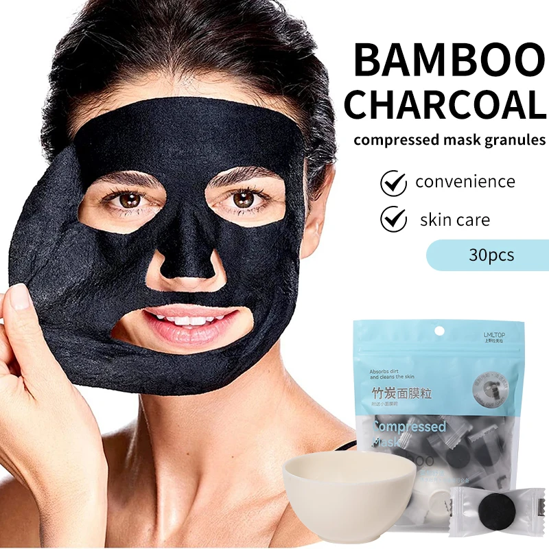 LMLTOP 30 Disposable Compressed Bamboo Charcoal Face Sheet Mask With Bowl SY439 DIY Spa Dry Compressed Facial Mask Cotton Paper