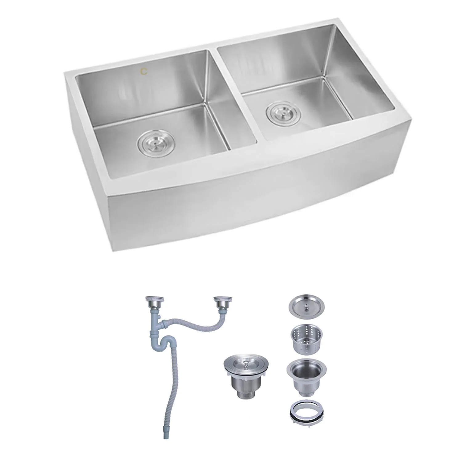 Luxury large Farmhouse Sink Apron Front Double Bowl Stainless Steel 304 Kitchen Sink with strainer Farm Style Offset Drain