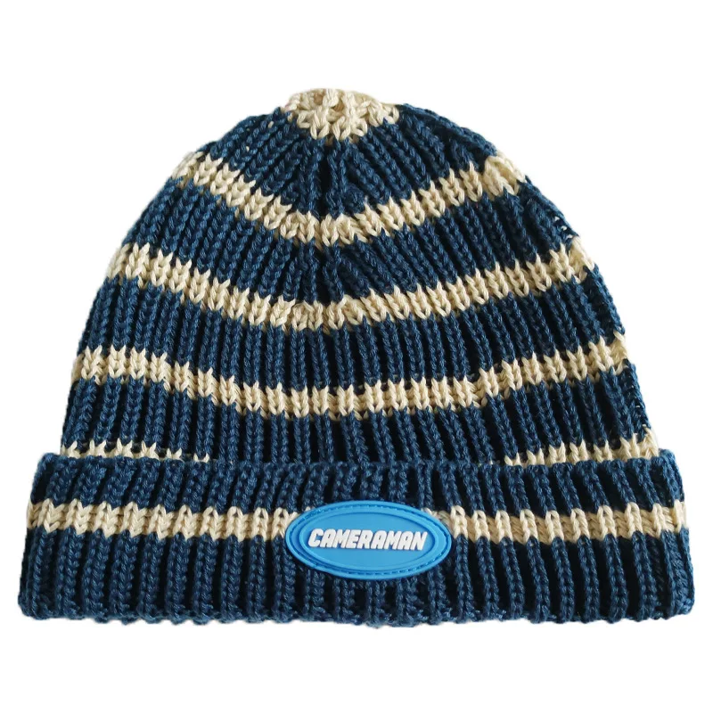 Cat brother children striped hat new knitting belt blue label colored pullover dome casual fashion street wool hat